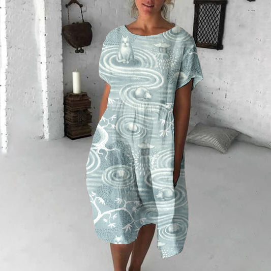 Zen Cats's Garden Japanese Art Linen Blend Loose Casual Midi Dress elevenforest