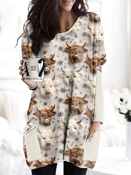 Highland Cow & Christmas Snowflake Casual Cozy Long T-Shirt artswardrobe