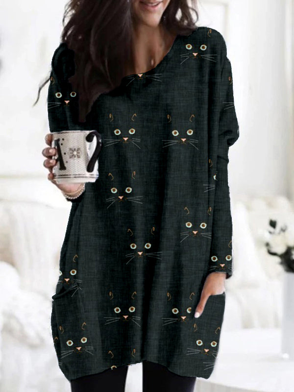 Cute Cat Face Pattern Patch Pocket Comfy Tunic elevenforest