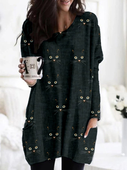 Cute Cat Face Pattern Patch Pocket Comfy Tunic elevenforest