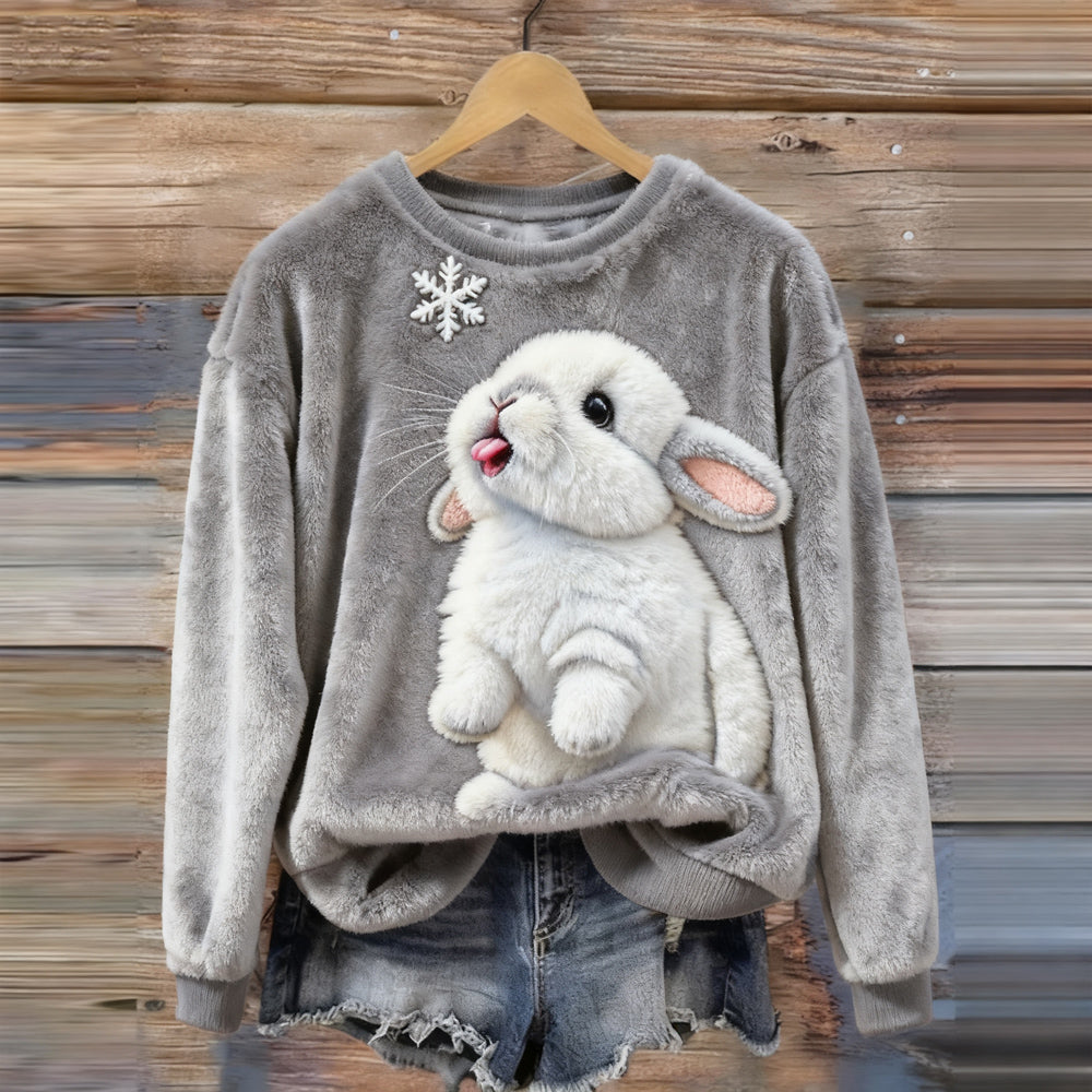 Comstylish Cute Bunny & Snowflake Embroidered Cozy Plush Sweatshirt
