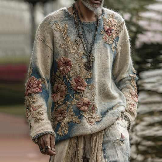 Men's Classic Floral Art Jacquard Thick Warm Turtleneck Sweater elevenforest