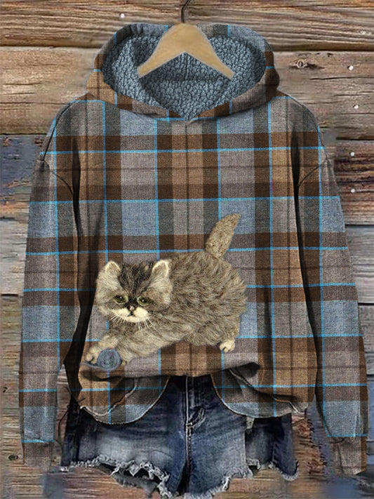 Fuzzy Cat Felt Art Vintage Scotland Plaid Cozy Hoodie elevenforest