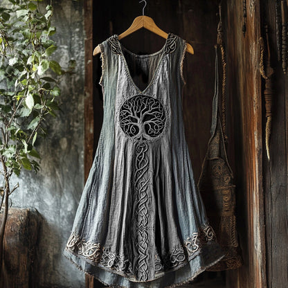 Tribal Viking Colorful Gradient Tree Of Life Lace Art Linen Tank Dress artswardrobe