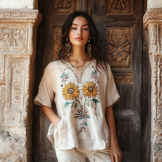 Women's Floral Embroidery Casual Cotton And Linen T-shirt artswardrobe