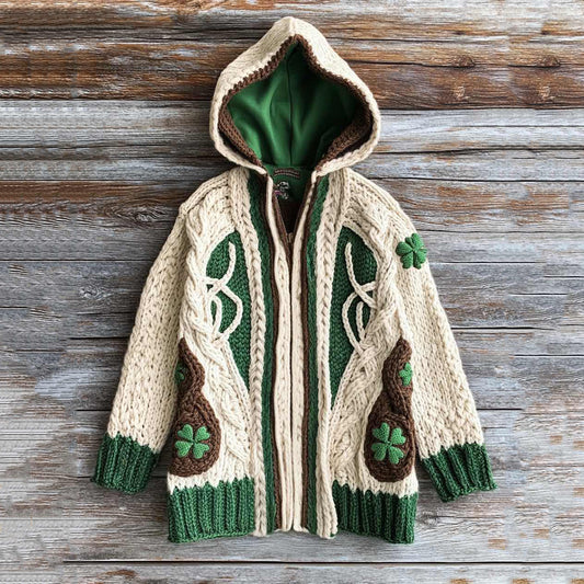 Women's Vintage Knit Four Leaf Clover Jacquard Hoodie Cardigan artswardrobe