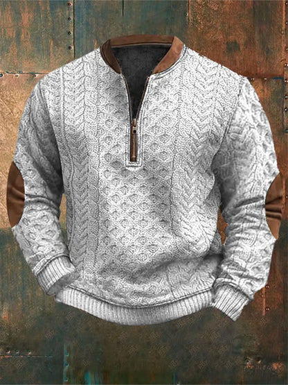 Men's Retro Western Textured Print Zipper Neck Knit Sweatshirt artswardrobe