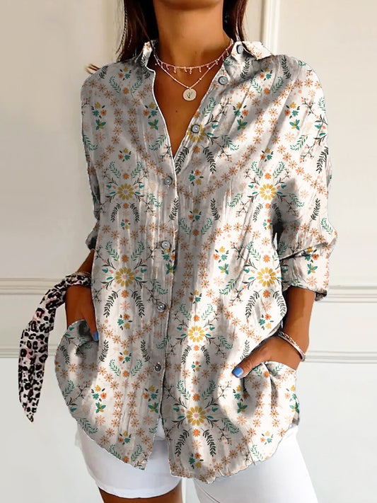 Women's Vintage Floral Art Print Casual Cotton Shirt