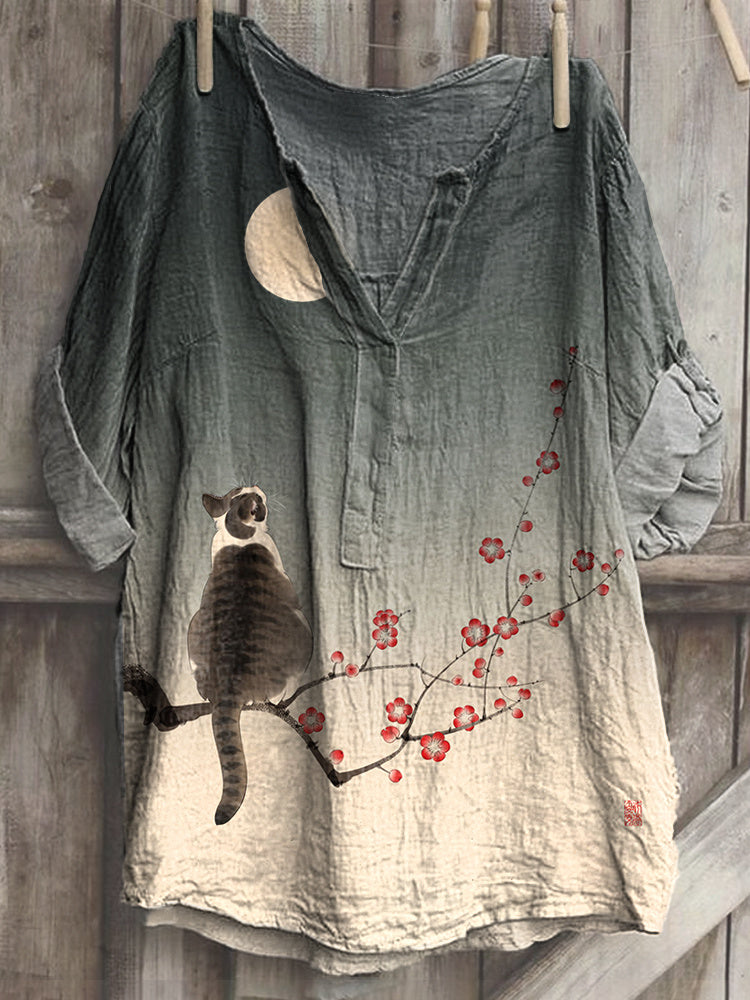 Cat & Plum Blossom Print Cozy Cotton Linen Shirt elevenforest
