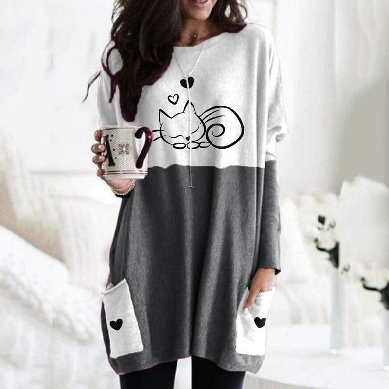 Cute Cat Print Long Sleeved Tunic elevenforest