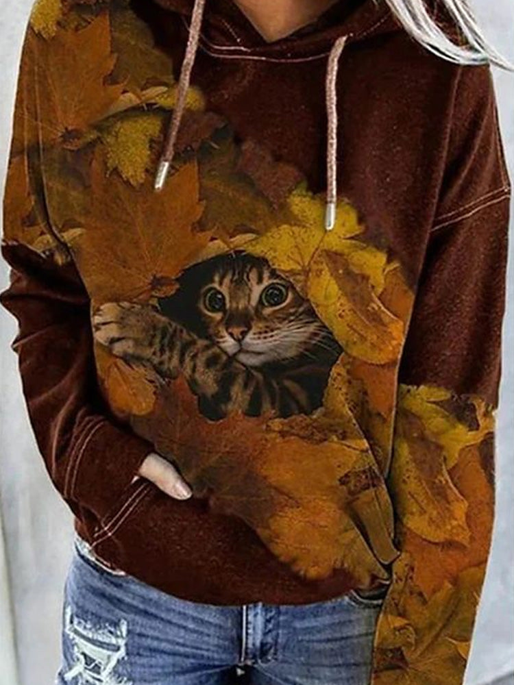 Autumn Winter Cute Cat Print Hoodie elevenforest