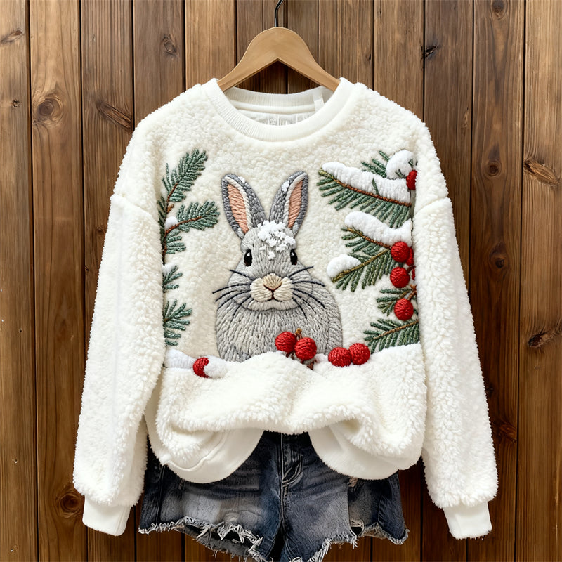 Christmas Bunny & Berries In The Snow Cozy Plush Sweatshirt