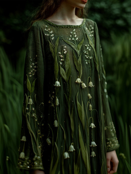 Elegant Lily Of The Valley Embroidered Linen Maxi Dress artswardrobe