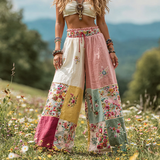 Women's Vintage Floral Patch Art Linen Casual Wide Leg Pants artswardrobe