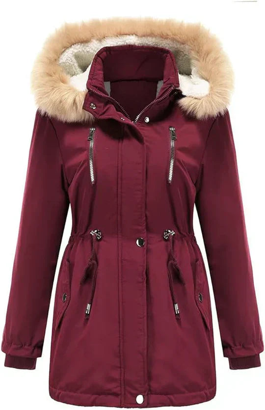 LM | long coat with faux fur hood and fleece lining