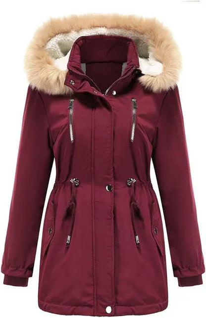 LM | long coat with faux fur hood and fleece lining