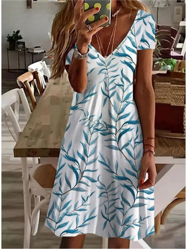 LM | Women's Sundress Midi Dress Short Sleeve Floral Print Summer Casual V Neck Loose Dresses Plus Size 2024 Women's Clothing Vestidos
