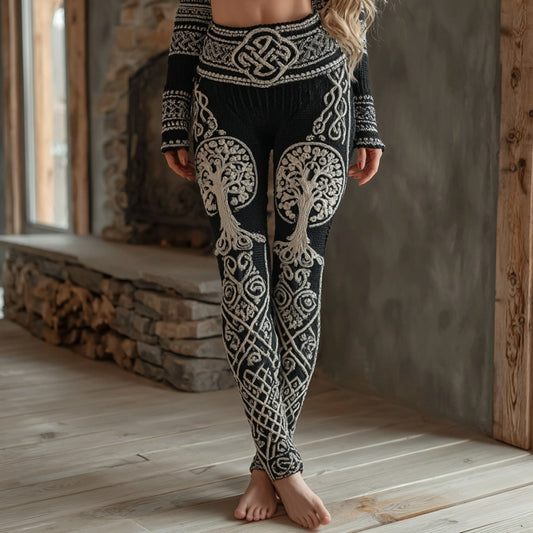 Vintage Viking Tree Of Life Celtic Knot Art Knit Jacquard Cozy Leggings artswardrobe