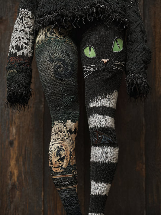 Vintage Halloween Black Cat Striped Cozy Knit Leggings elevenforest
