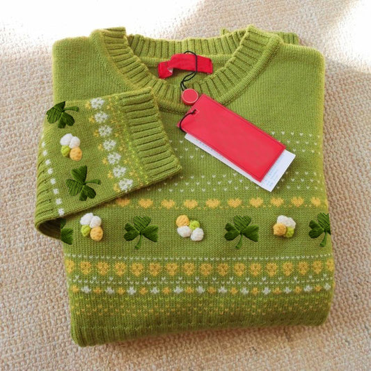 Women'S St. Patrick'S Irish Shamrock Embroidery Jacquard Knitted Sweater artswardrobe