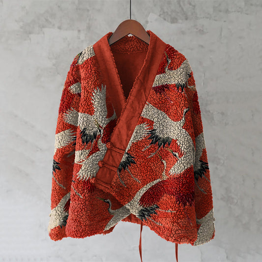 Comstylish Japanese Style Crane Art Plush Cardigan