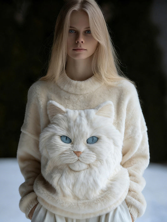 Cute Fuzzy Cat Embroidered Cozy Plush Sweatshirt elevenforest