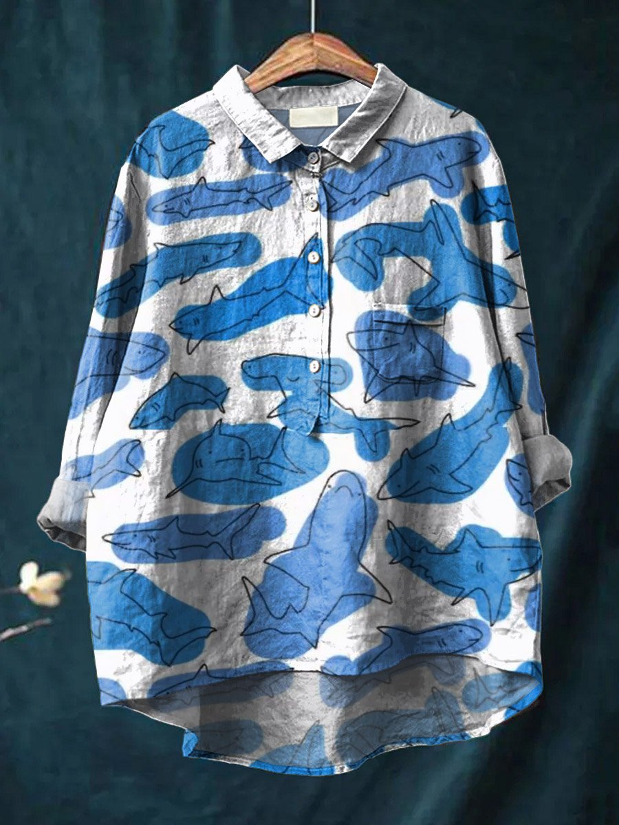 Vintage Lovely Sharks Art Print Casual Cotton And Linen Shirt