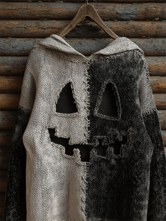 Halloween Pumpkin Face Contrast Stitched Cozy Knit Hooded Sweater elevenforest