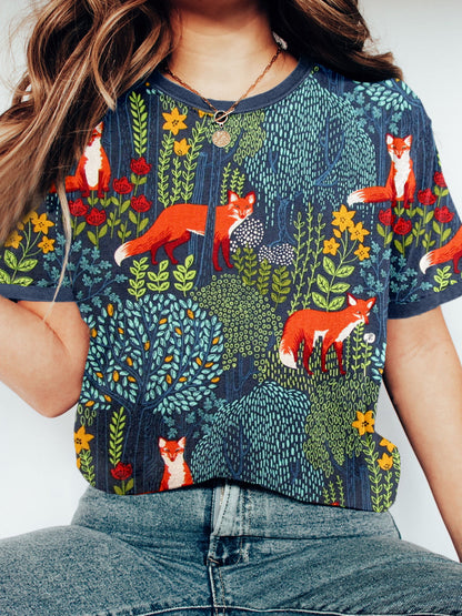 Fox in the Forest Graphic Vintage Cozy T Shirt artswardrobe