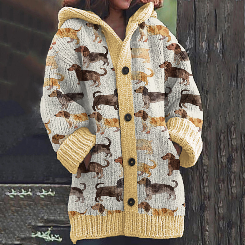 Comstylish Dachshund Print Casual Knitted Hooded Cardigan