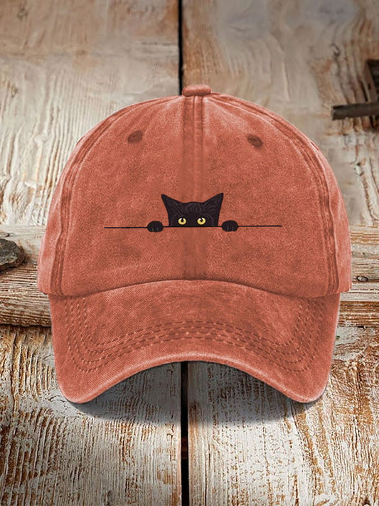 Comstylish Japanese Art Black Cat Print Washed Hat