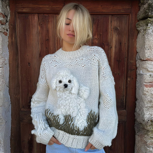 Vintage Fuzzy Dog On Grassland Cozy Knit Sweater elevenforest
