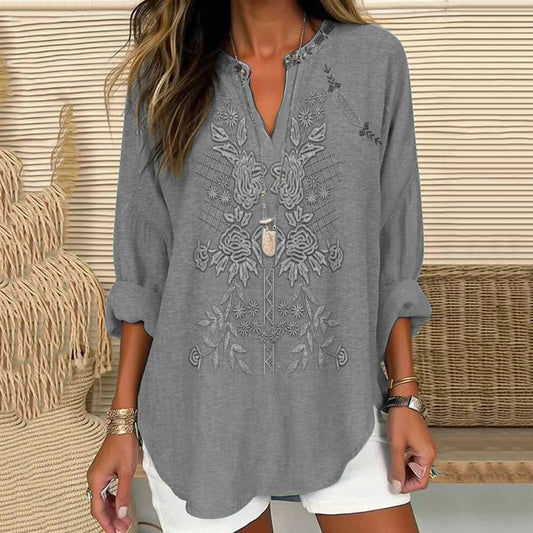 Vintage Embroidered Floral V-neck Linen Blend Blouse artswardrobe