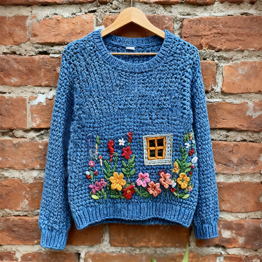 Comstylish Vintage Cottagecore Floral Window Crochet Cozy Knit Sweater