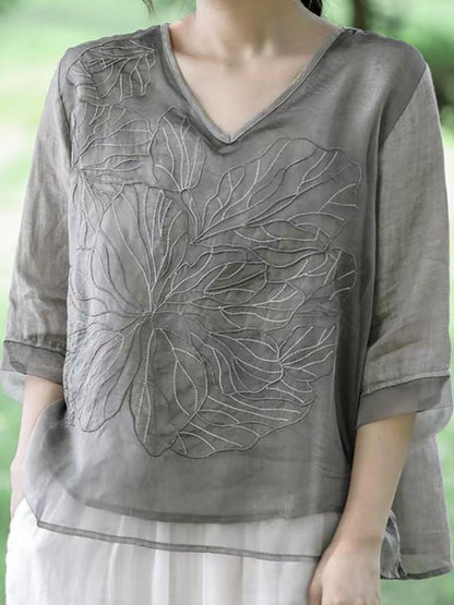 Comstylish Women's Floral Embroidery Linen Blend V-Neck Shirt