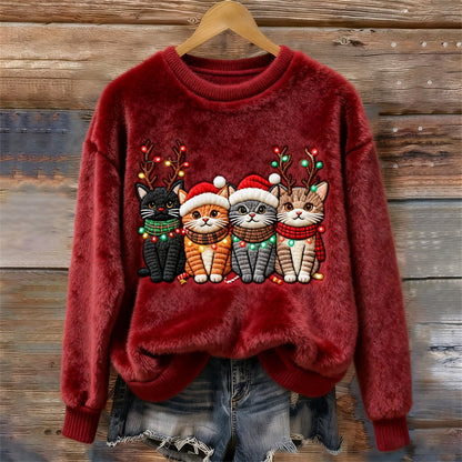 Christmas Lights Cat Women's Cozy Plush Sweater elevenforest