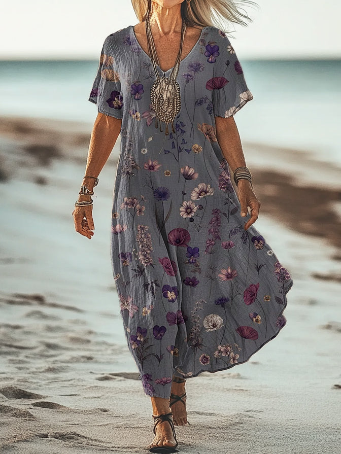 Women's Vintage Floral Print V Neck Short Sleeve Cotton Pocket Dress