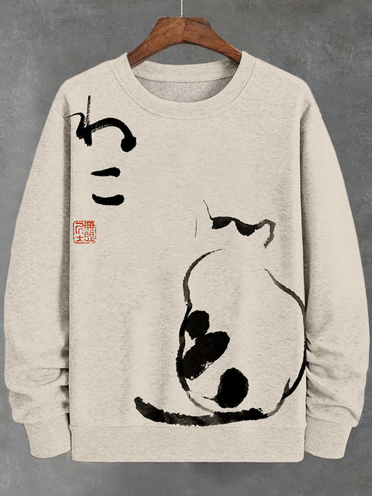 Men's Japanese Minimalist Cat Art Comfy Sweatshirt elevenforest