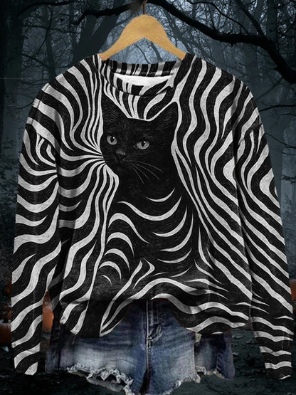 Comstylish Women's Halloween Black Cat Stripes Print Casual Sweatshirt