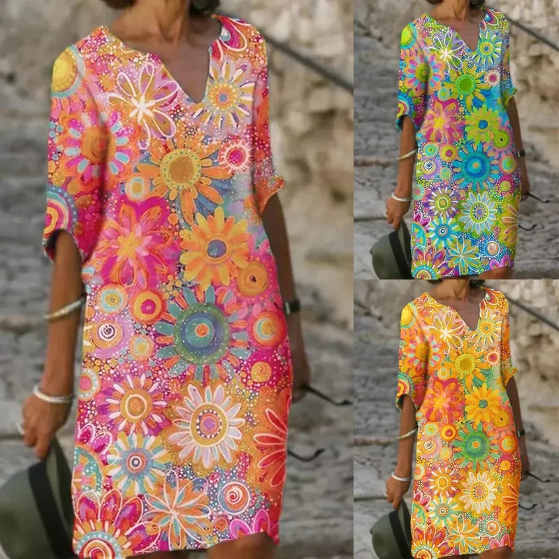 LM | Midi dress with V-neck and floral pattern