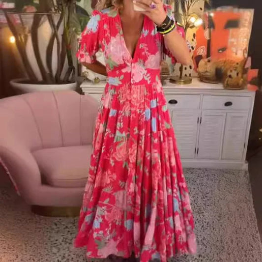 LM | Comfortable long dress with V-neck and pochette