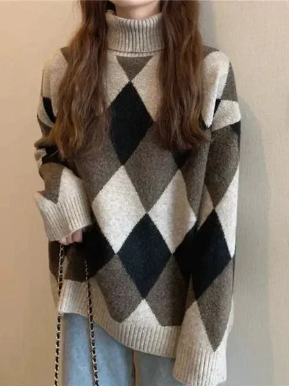 LM | Sweater with high neckline in checkerboard pattern