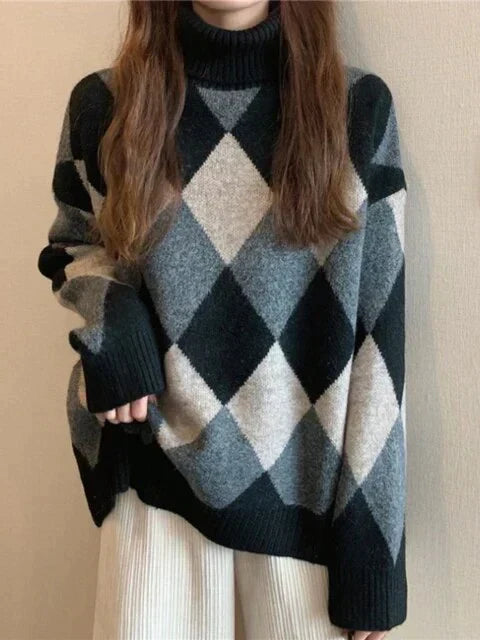 LM | Sweater with high neckline in checkerboard pattern