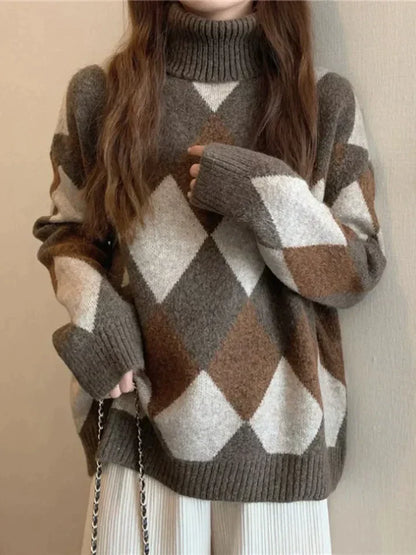LM | Sweater with high neckline in checkerboard pattern