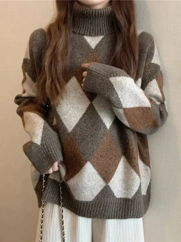 LM | Sweater with high neckline in checkerboard pattern