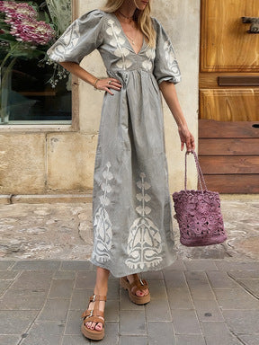 LM | Maxi dress with floral V-neckline