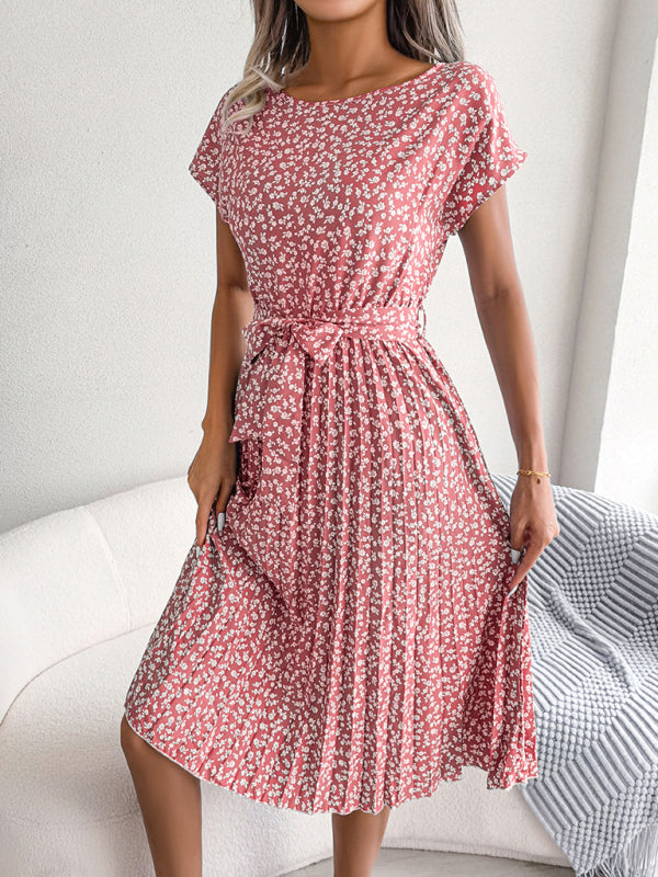 LM | Midi dresses with tie and floral print Round neckline Trapeze shape