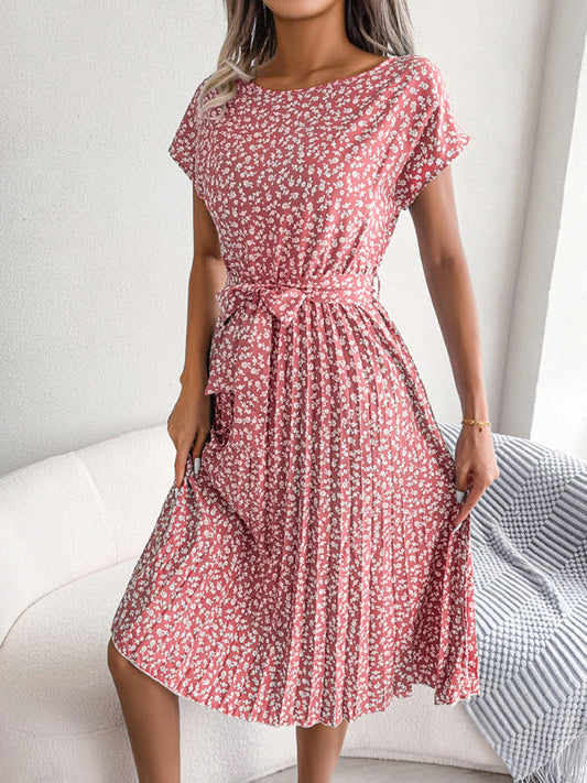 LM | Midi dresses with tie and floral print Round neckline Trapeze shape