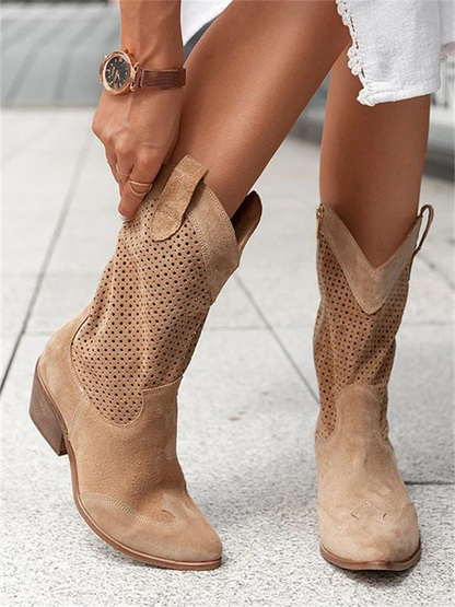 LM | Mid High Heel Branded Suede Low Cut Women's Boots Trendy