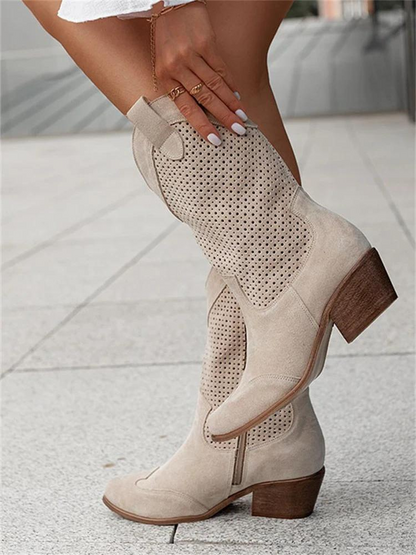 LM | Mid High Heel Branded Suede Low Cut Women's Boots Trendy